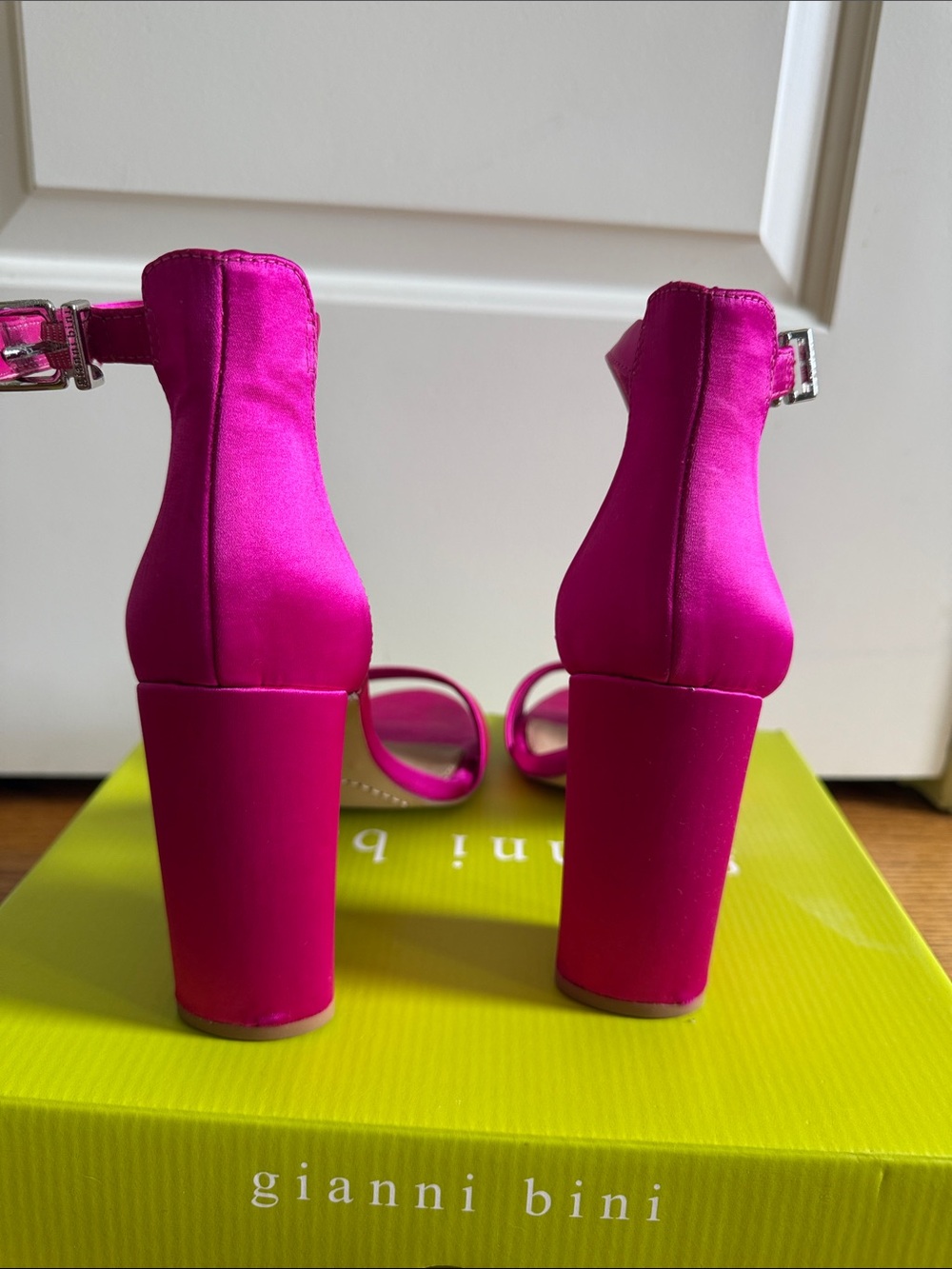 Gianni Bini Neon Pink Satin Heeled Sandals - Picture 4 of 10